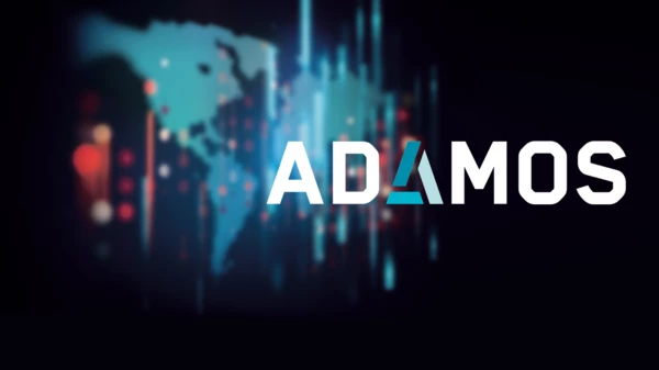 adamos logo in front of world map