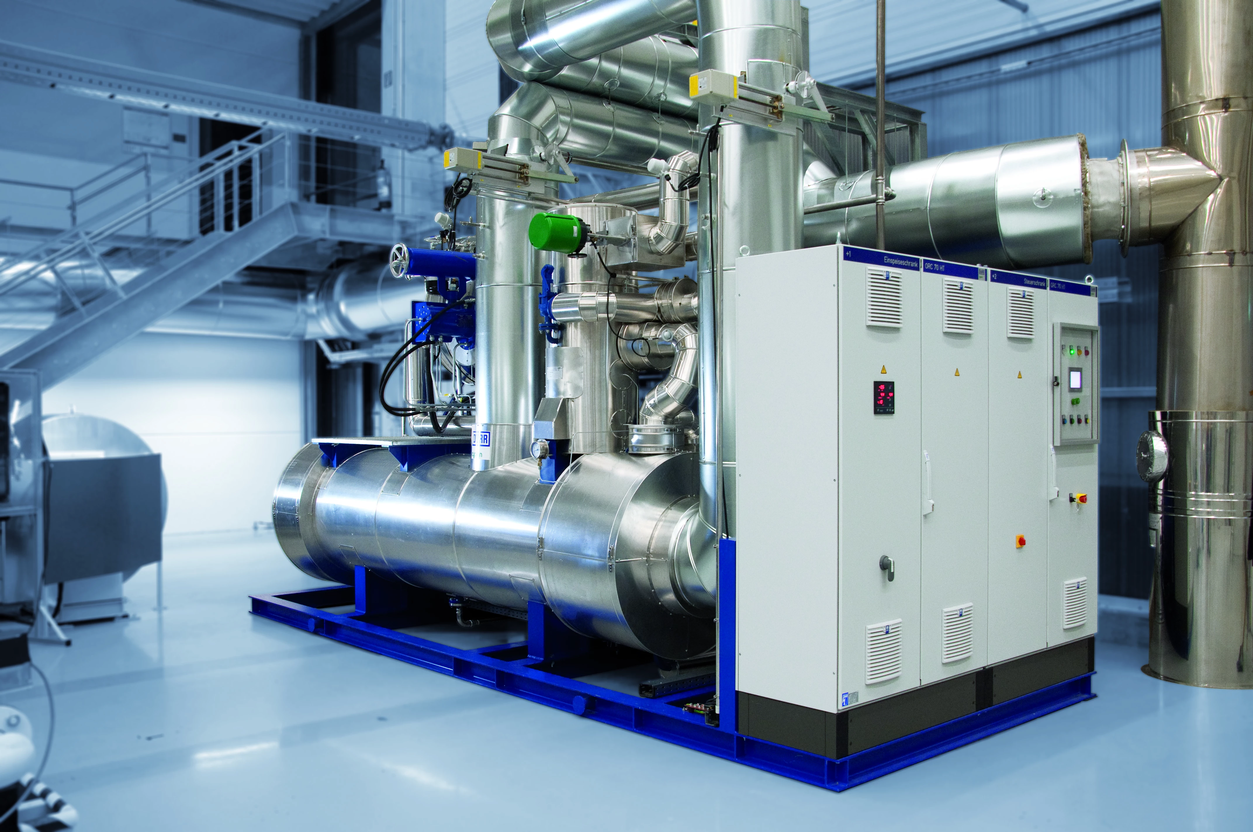 The 70 kW ORC plant in the Dürr Technology Center is operated with the waste heat produced by a thermal air purification plant for test and demonstration purposes. It can be viewed at Dürr in Bietigheim-Bissingen.