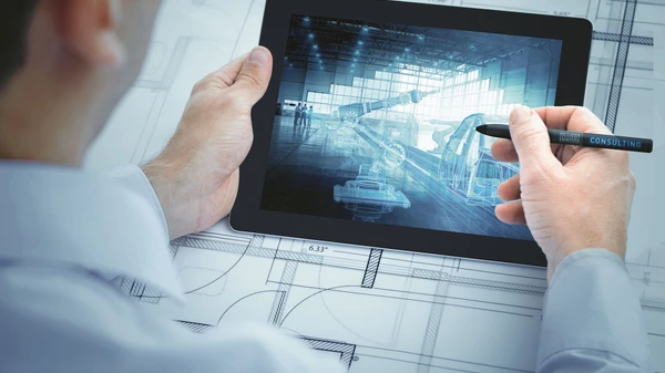 Man draws a digital factory on the tablet